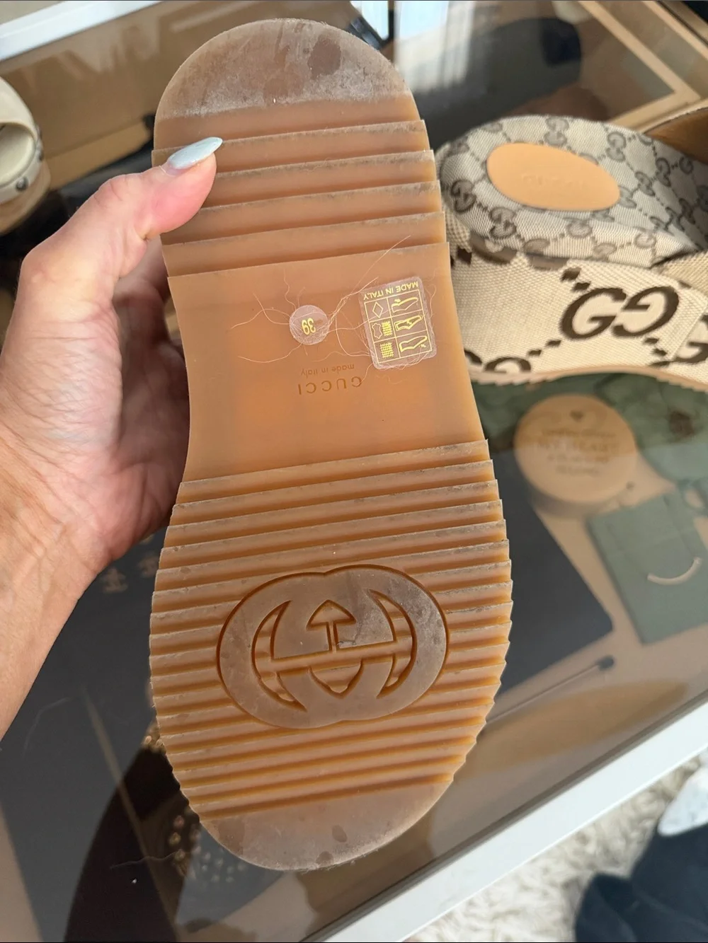 Gucci Beige GG Logo Platform Slides